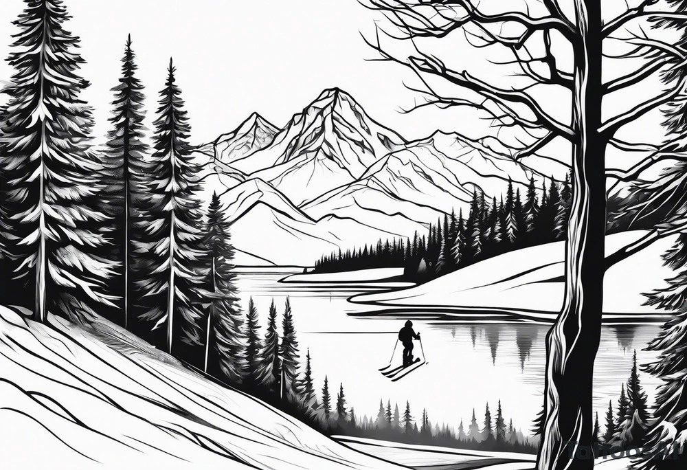 snow skier in distance with trees and mountains and lake at bottom tattoo idea