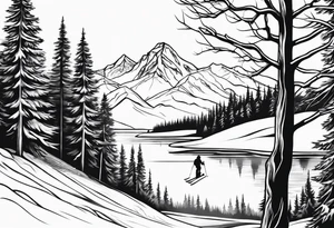snow skier in distance with trees and mountains and lake at bottom tattoo idea