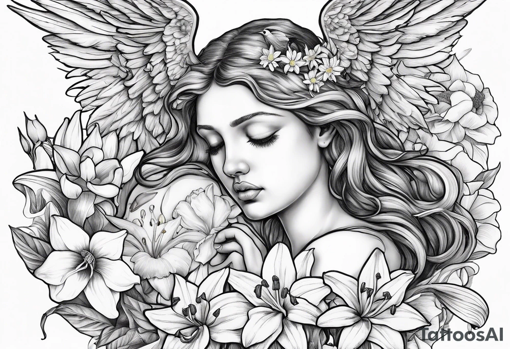 sad crying angel with head surrounded by lily, daffodil, rose, daisy, narcissus holding a hummingbird tattoo idea
