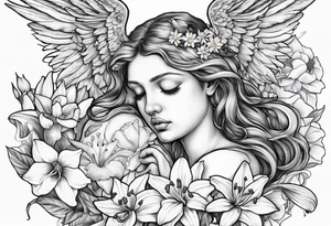sad crying angel with head surrounded by lily, daffodil, rose, daisy, narcissus holding a hummingbird tattoo idea