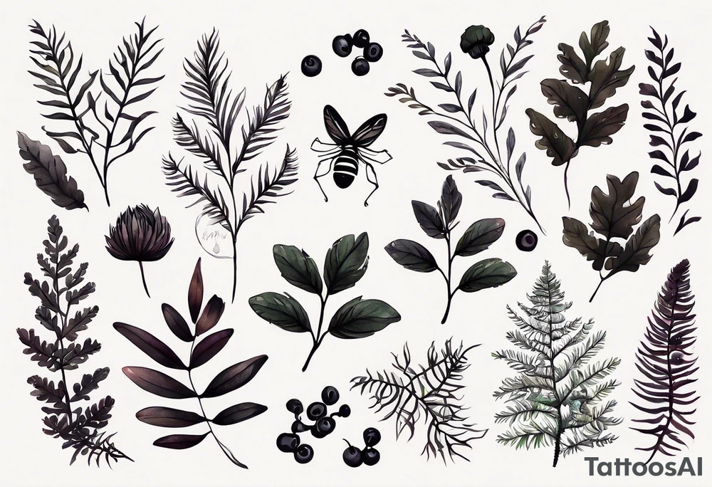 forest floor inspired minimalist tattoo, which includes grass, curly ferns, moss and dead leaves as the bulk of the tattoo. details to include: forest berries, a tiny bumblebee flying nearby, three small brown mushrooms
Generate a vertically long one tattoo idea