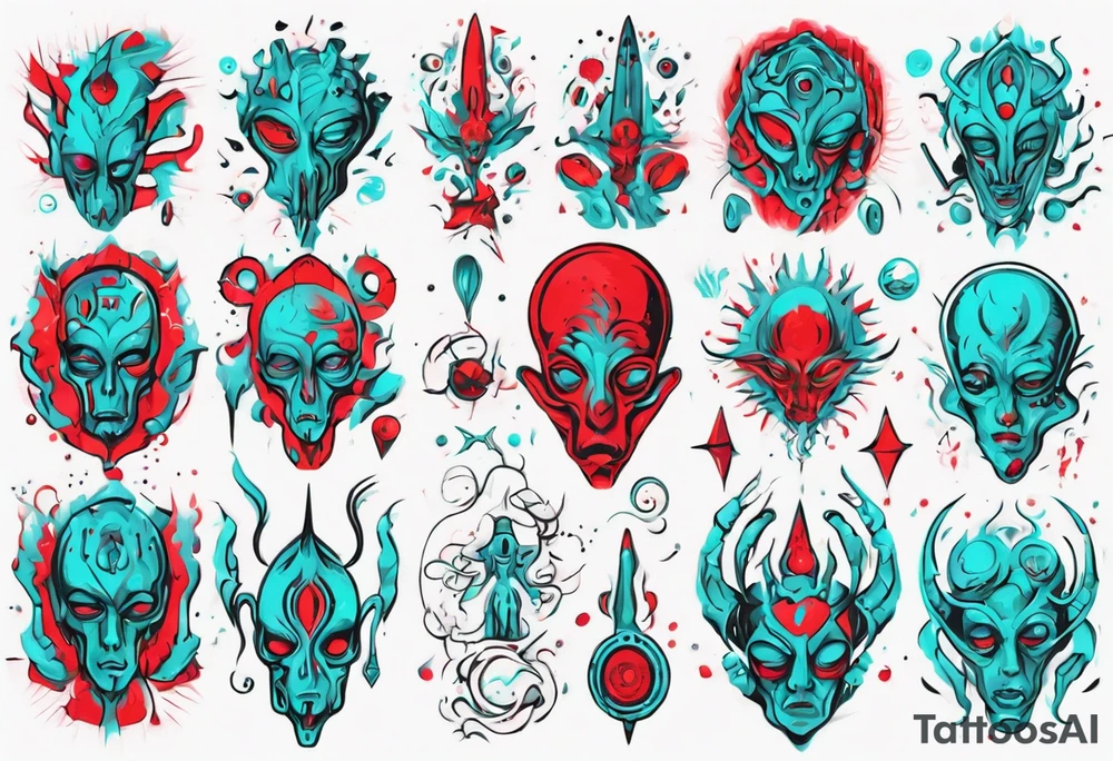 an art in the style of abstract, alien, lovecraft, textured pigment planes, red and cyan, stencil art tattoo idea