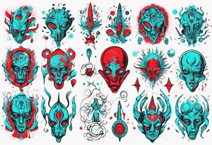 an art in the style of abstract, alien, lovecraft, textured pigment planes, red and cyan, stencil art tattoo idea