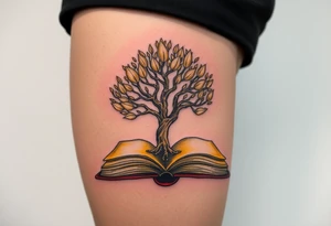 A family tree growing inside an open book, its leaves made of golden pages, representing a legacy passed down through generations tattoo idea