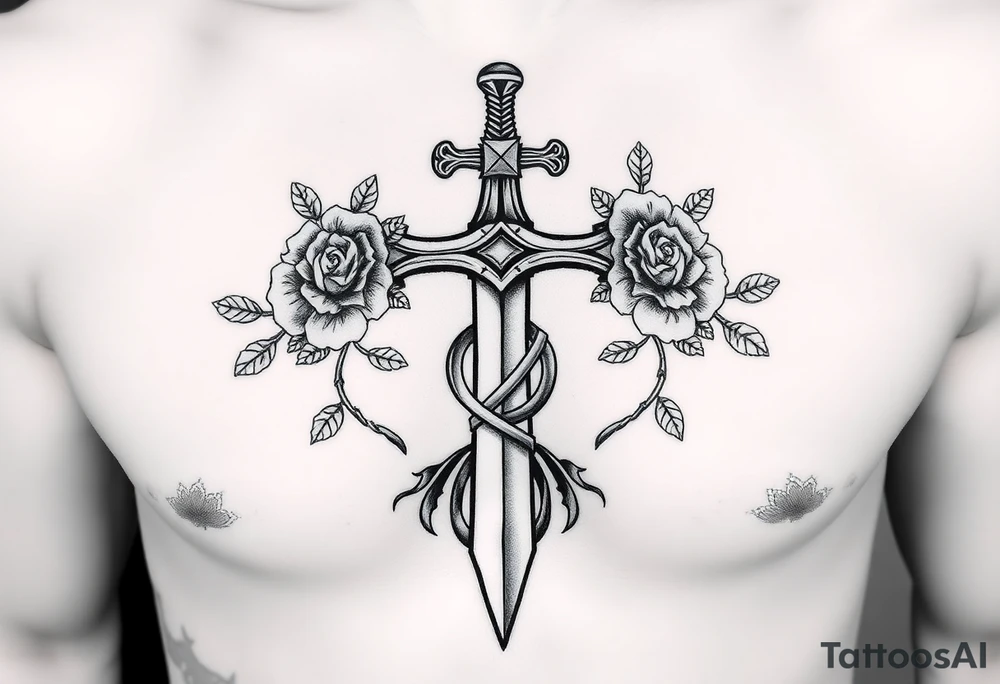 A gothic cross with a sword tip on the bottom going through an infinity sign and has roses and vines growing around tattoo idea