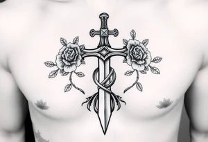 A gothic cross with a sword tip on the bottom going through an infinity sign and has roses and vines growing around tattoo idea