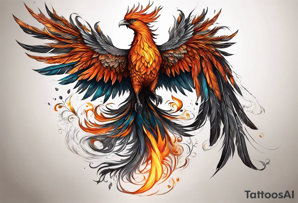 A majestic fire phoenix, rising powerfully with its wings spread wide and feathers flowing, representing rebirth and resilience. The phoenix is detailed with intricate feathers, creating a sense of movement and vitality. The design is bold, with deep shading and texture that adds dimension and intensity to its form. tattoo idea