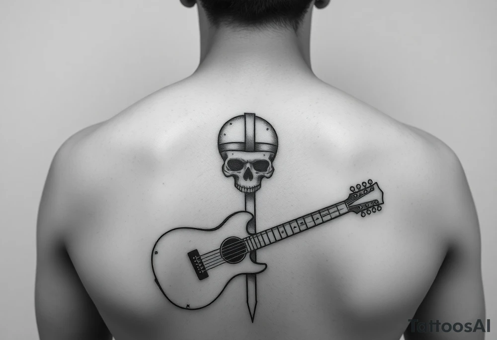 I would like to get a tattoo of a skull and a cross and in a guitar for your upper arm that would be covered with a sleeve and I want it just black and gray tattoo idea
