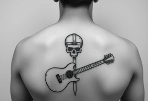 I would like to get a tattoo of a skull and a cross and in a guitar for your upper arm that would be covered with a sleeve and I want it just black and gray tattoo idea