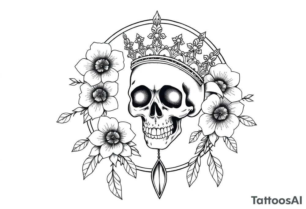 Mandala dream catcher with detailed beautiful gothic boho flowers on vine and skull with gorgeous crown tattoo idea