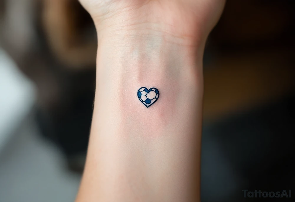 A minimalist black outline of a soccer ball with a single blue heart at its center. tattoo idea