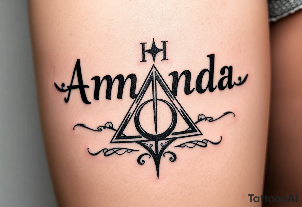 Amanda name with Harry Potter deathly hallows on ribs tattoo idea