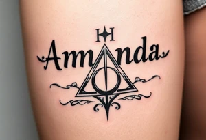 Amanda name with Harry Potter deathly hallows on ribs tattoo idea