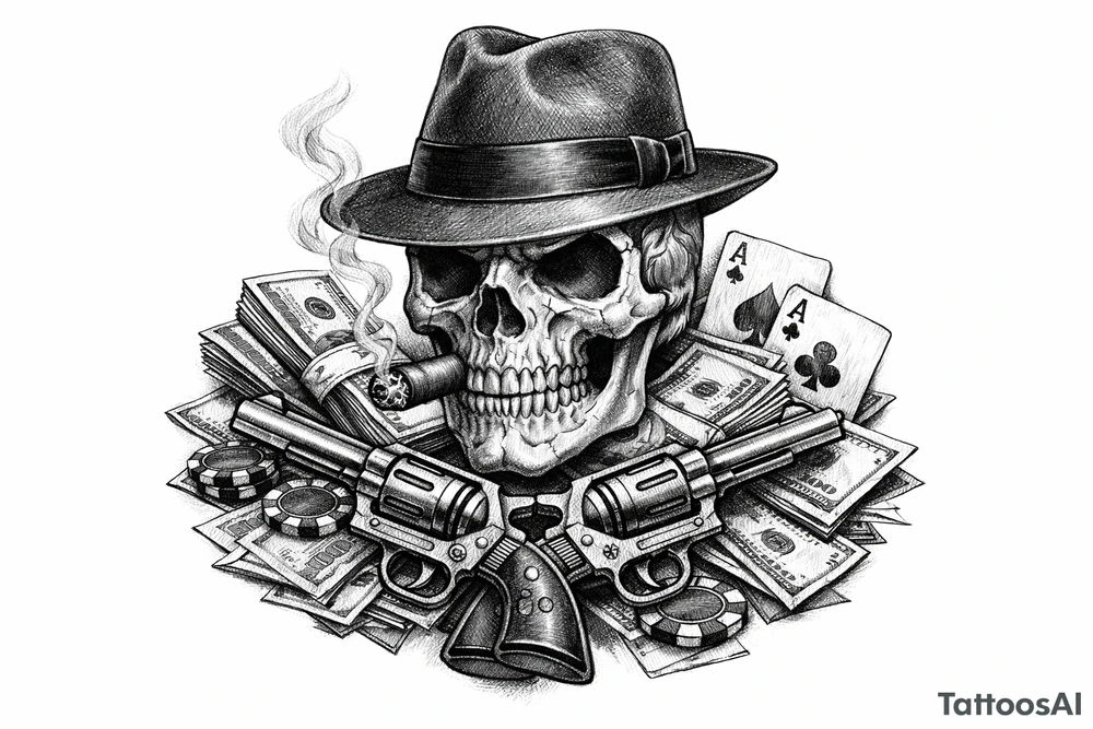 A black and grey skull with a fedora, cigar, and crossed revolvers, with scattered money and cards. tattoo idea