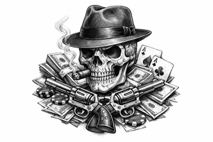A black and grey skull with a fedora, cigar, and crossed revolvers, with scattered money and cards. tattoo idea