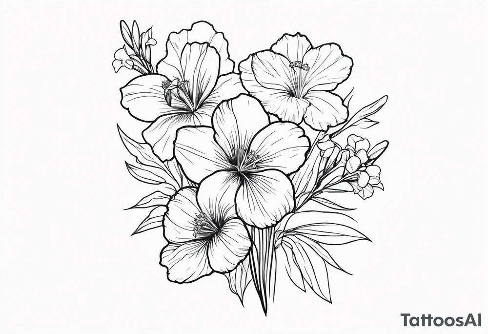 a vertical minimalist style line art tattoo of a bouquet of violets, daffodils, gladiolus, and cosmos tattoo idea
