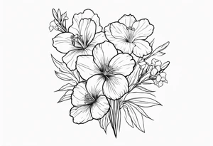 a vertical minimalist style line art tattoo of a bouquet of violets, daffodils, gladiolus, and cosmos tattoo idea