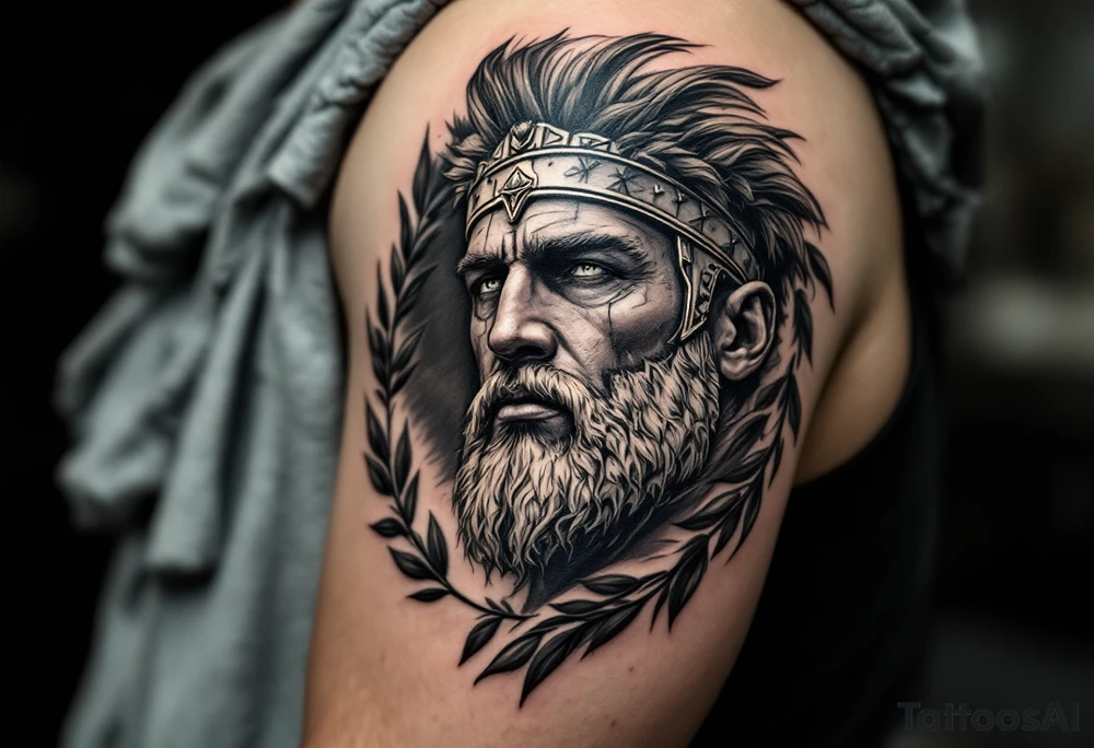 mythological Rome fighter  that come down an arrow and surrounded by a olive tree leaf around tattoo idea