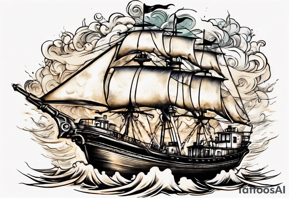 steam boat sailing out of the sun tattoo idea