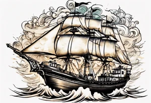steam boat sailing out of the sun tattoo idea