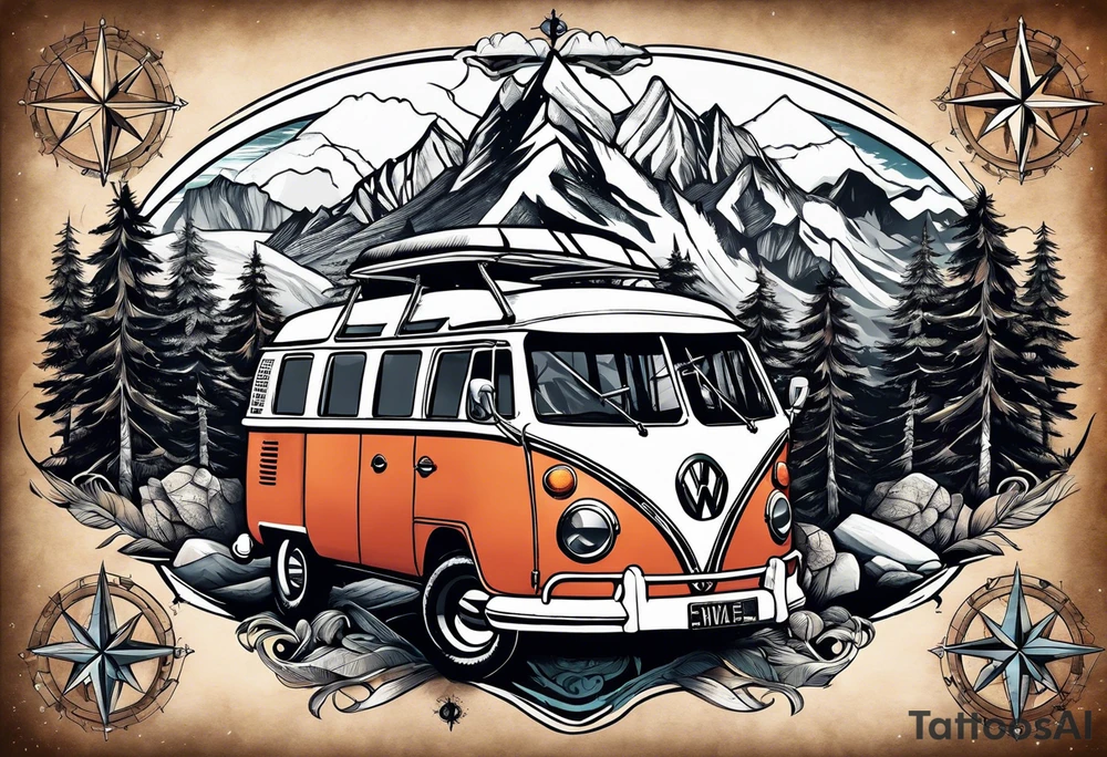 directional Compass rose, mountains and VW Komi campervan tattoo idea