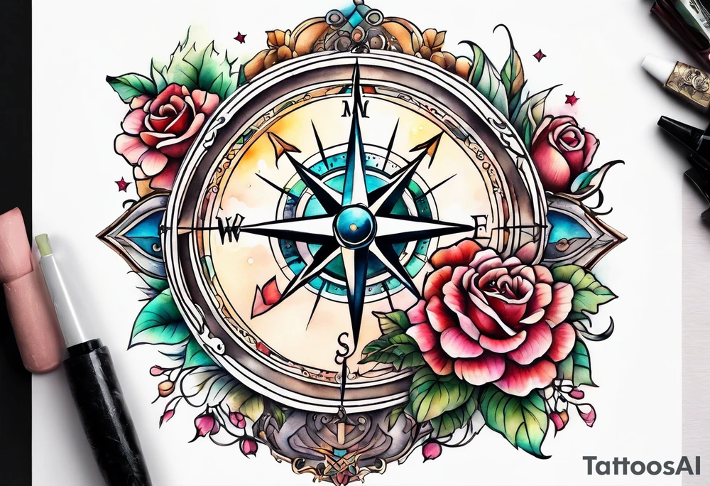 Compass with mountains and moons and flowers like roses or orchids tattoo idea