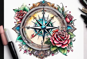 Compass with mountains and moons and flowers like roses or orchids tattoo idea
