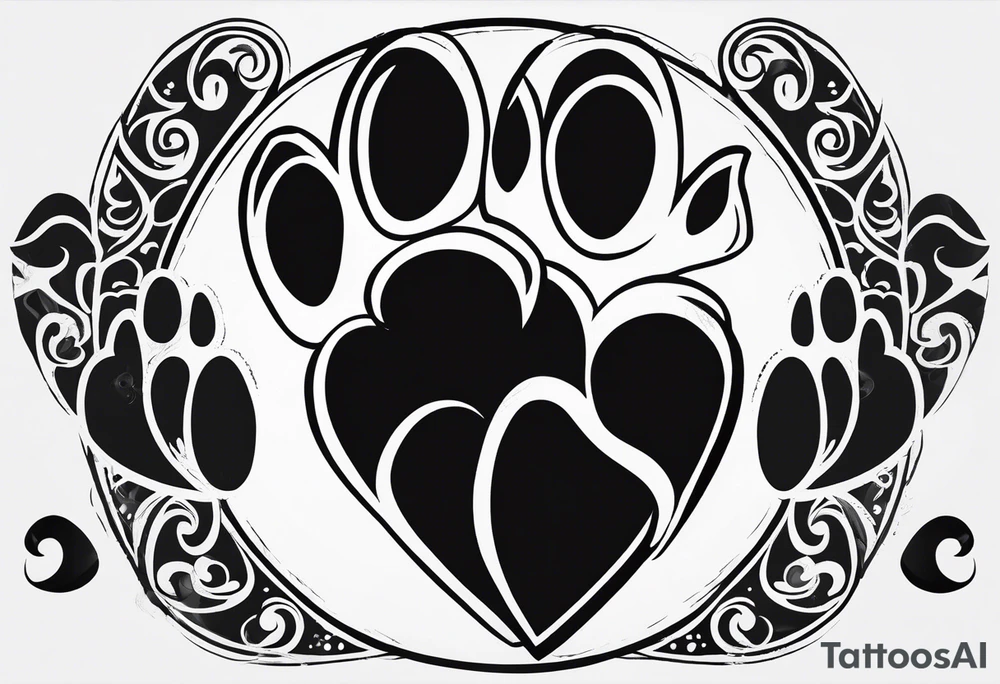 four dog paws with dark background connecting them and individual, disconnected tribal heart above them tattoo idea