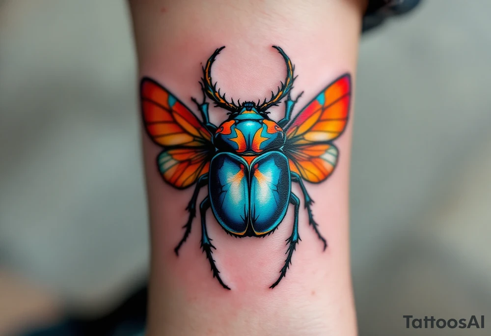 A turquoise scarab beetle with sunset-orange wings, representing rebirth and transformation. tattoo idea