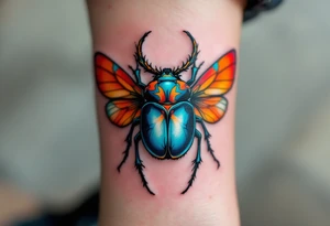A turquoise scarab beetle with sunset-orange wings, representing rebirth and transformation. tattoo idea