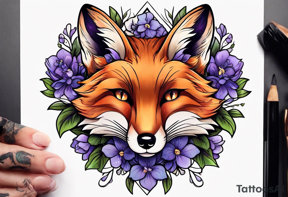 Neo traditional fox with violets tattoo idea