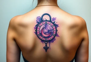 A deep purple crystal lock with glowing runes, and a crescent moon-shaped key radiating a mystical aura tattoo idea