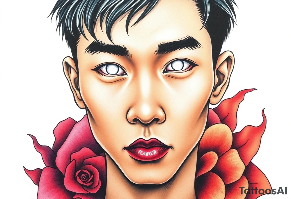 Handsome Asian young guy with white eyes tattoo idea
