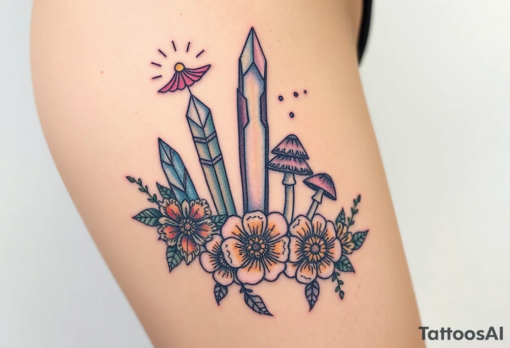 psychedelic  tattoo with crystals and  flowers and mushrooms tattoo idea