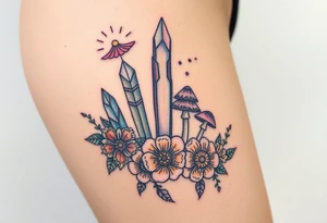 psychedelic  tattoo with crystals and  flowers and mushrooms tattoo idea