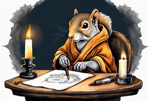 an elderly grey squirrel dressed in a monk robe sitting at a desk in the dark holding a quill writing by candlelight tattoo idea