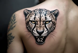 angry cheetah with the number 62 in its mouth tattoo idea