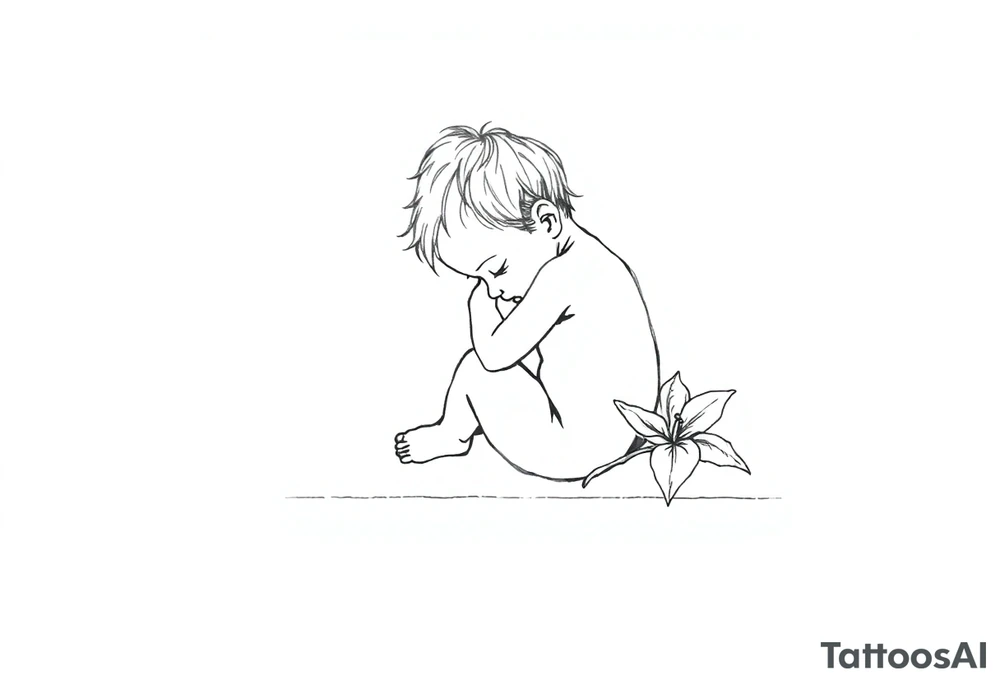 A simple tile floor with a minimalist outline of a curled up child sitting on the floor with a lily next to her tattoo idea