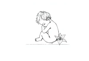 A simple tile floor with a minimalist outline of a curled up child sitting on the floor with a lily next to her tattoo idea