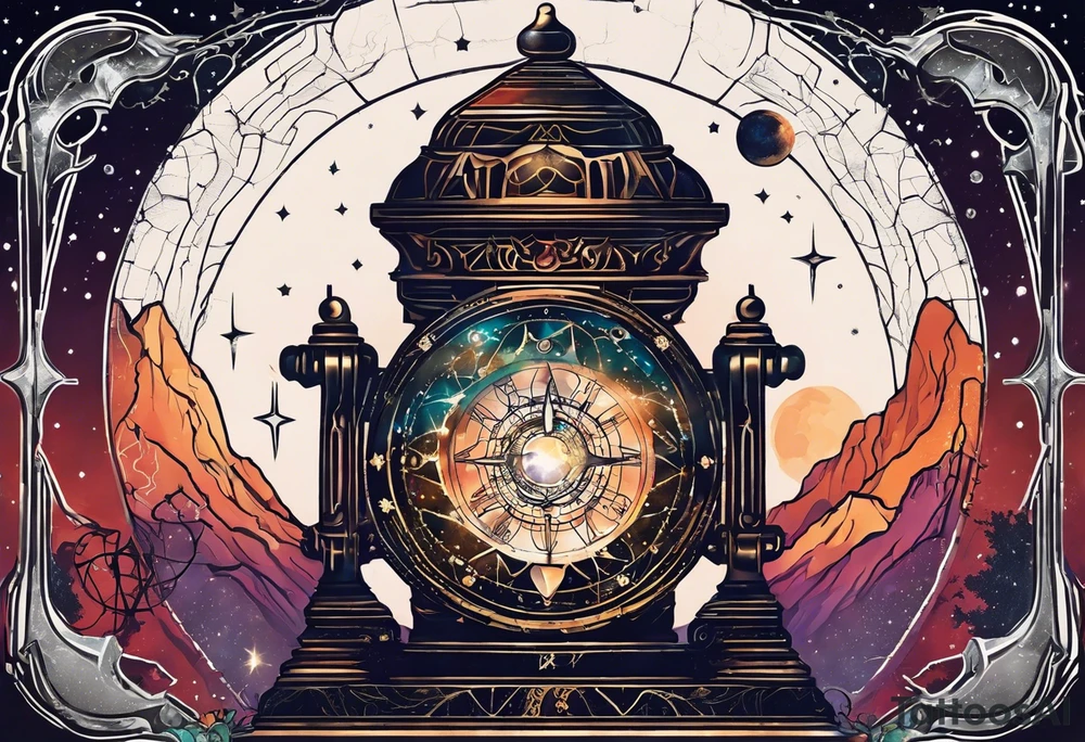 Matter, energy, space and time with an old stone theta symbol with stars in the background and Scorpio constellation tattoo idea