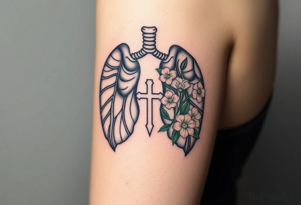 tattoo with skeleton lungs
: one side representing death and the other life. (from death to life) with a simple cross down the middle. The life side I'd like the following flowers growing out of it: Morning Glory, Lily of the Valley, Daffodil, Rose, Poppy, and Iris tattoo idea
