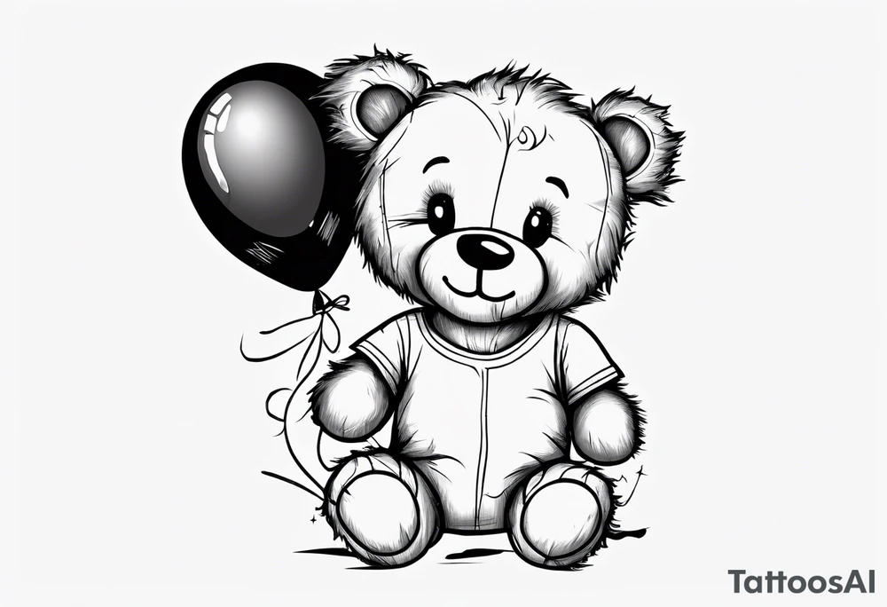 Scruffy teddy bear holding on to balloons and wearing a T-shirt tattoo idea