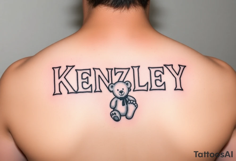 Kenzley in baby letter blocks, girl, teddy bear, baby foot print tattoo idea