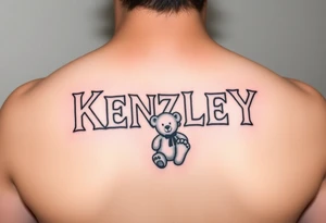 Kenzley in baby letter blocks, girl, teddy bear, baby foot print tattoo idea