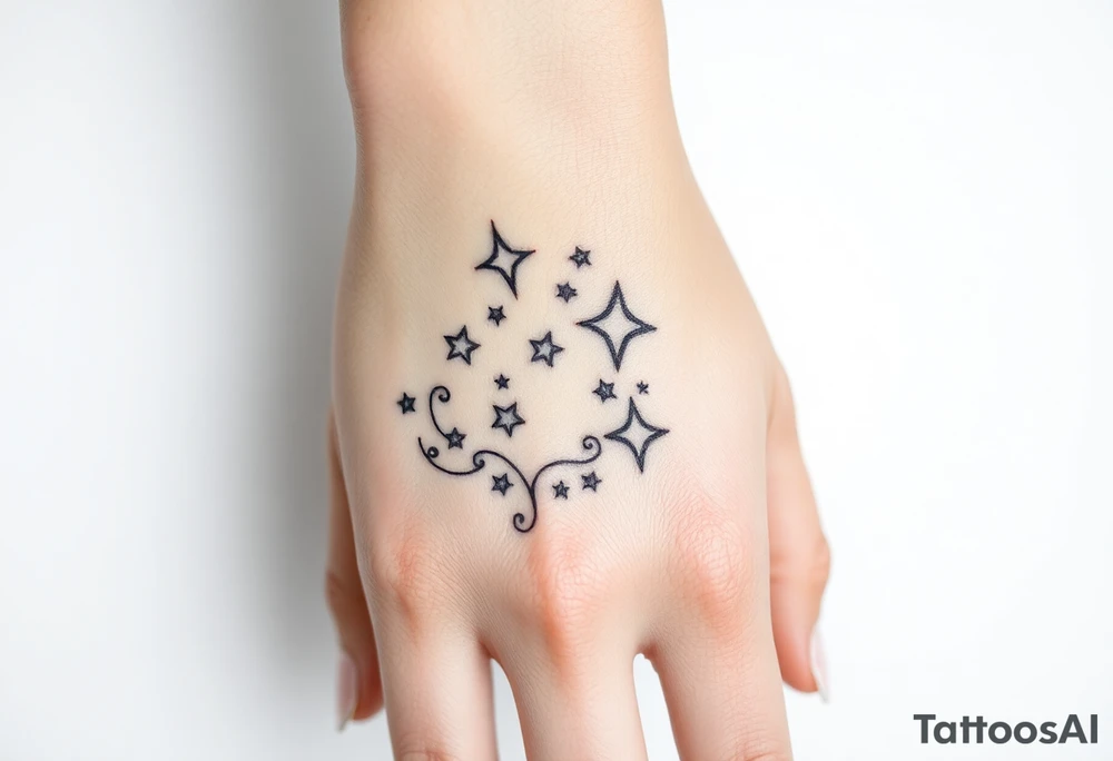 tattoo on back of hand and around fingers that includes stars and had a cool design made of lines tattoo idea