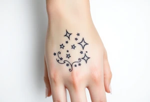 tattoo on back of hand and around fingers that includes stars and had a cool design made of lines tattoo idea