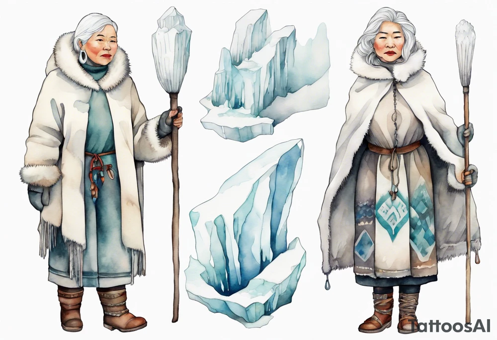 a middle aged Inuit woman with white hair, wearing mittens, mukluks, and a white cloak. Holding a white staff. Standing on an iceberg alone tattoo idea