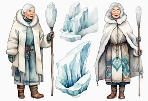 a middle aged Inuit woman with white hair, wearing mittens, mukluks, and a white cloak. Holding a white staff. Standing on an iceberg alone tattoo idea