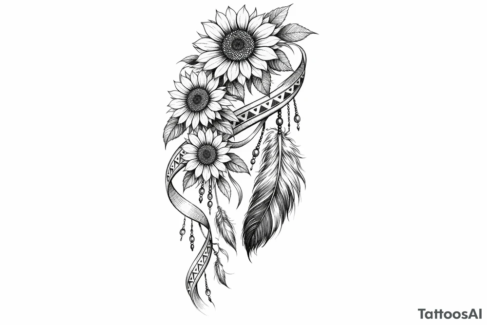 Cascading Sunflowers with Indian feather and Indian ribbon tattoo idea