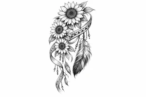 Cascading Sunflowers with Indian feather and Indian ribbon tattoo idea